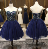 Dark Navy Blue Short Dress With Sequin Bodice For Juniors Homecoming Dresses